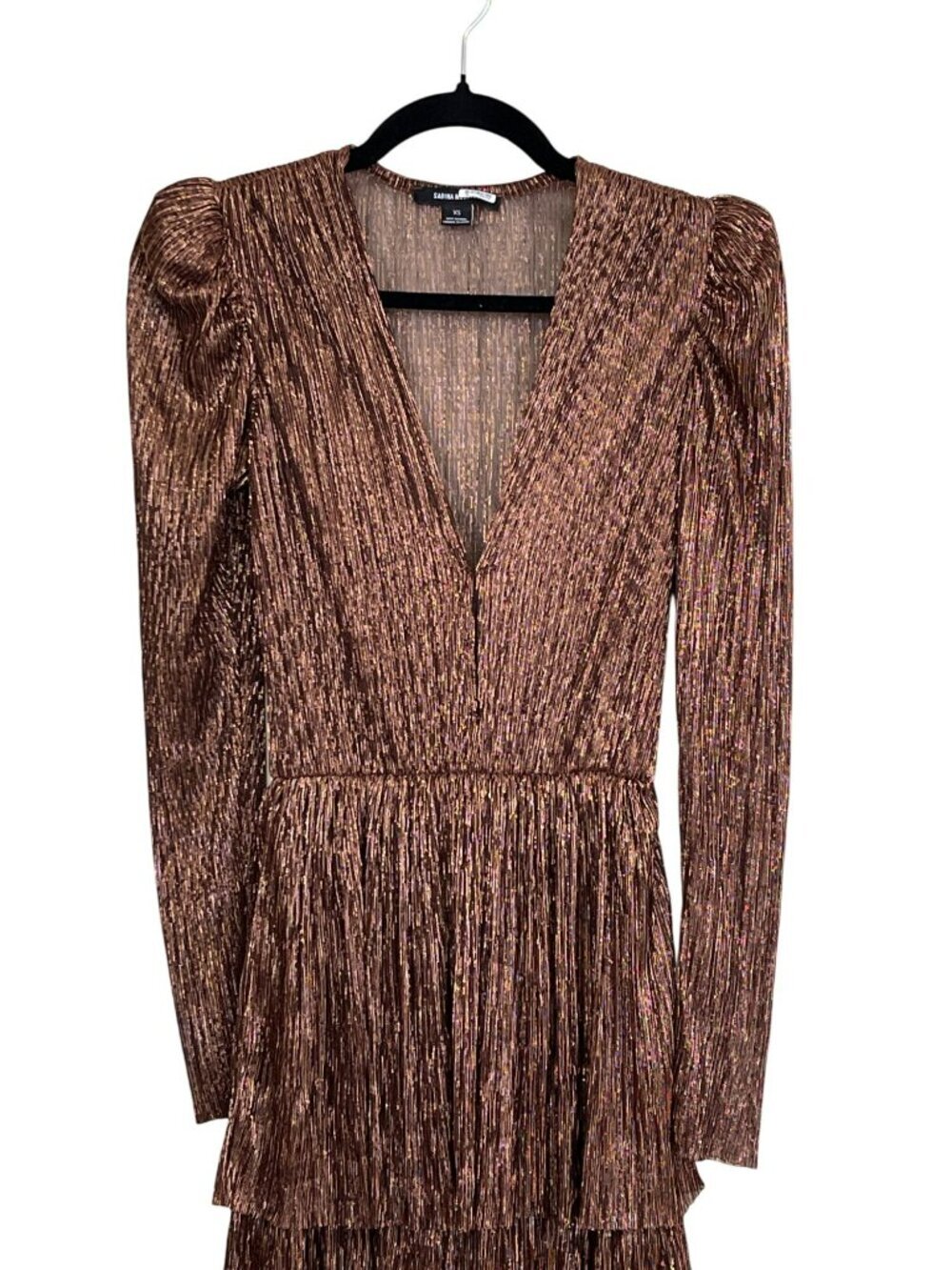 Sabina Musayev Carry Pleated Puff Sleeve Bronze Metallic Midi Tiered Dress - Picture 5 of 8